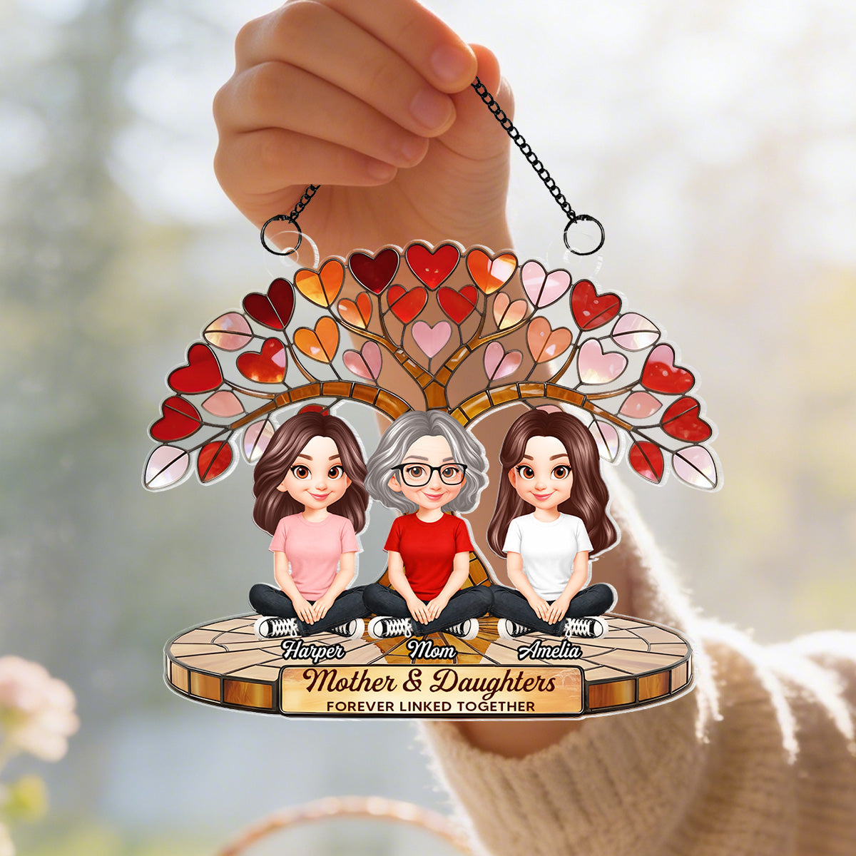 Mom And Son Daughter Under Heart Tree Forever Linked Together - Personalized Suncatcher Ornament - Gift For Mom