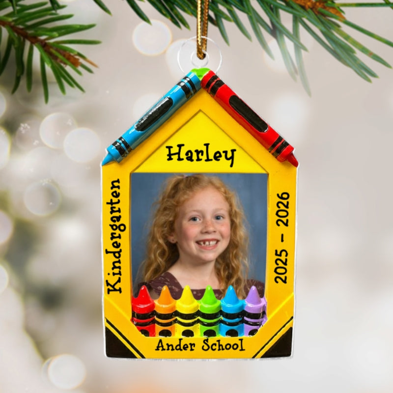 3D Effect Crayon Frame Custom Photo - Personalized Acrylic Ornament - PreK Kindergarten School Milestone Gift