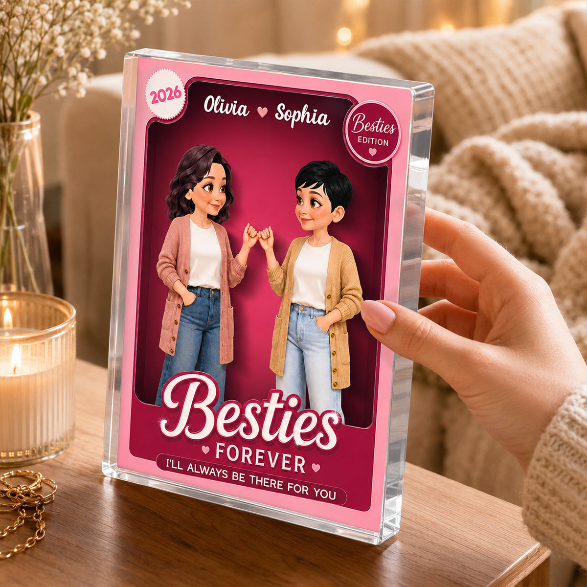 Pretty Besties Inside Pink Toy Box 2D Flat - Personalized Acrylic Block Plaque - Friendship Keepsake