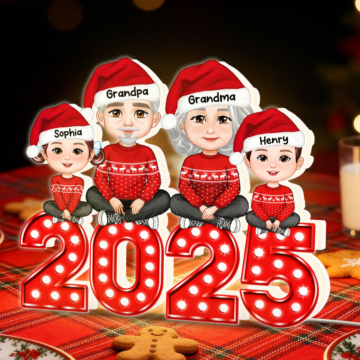 Christmas Grandma Grandpa And Grandkids Marquee Pattern Effect - Personalized Light Box