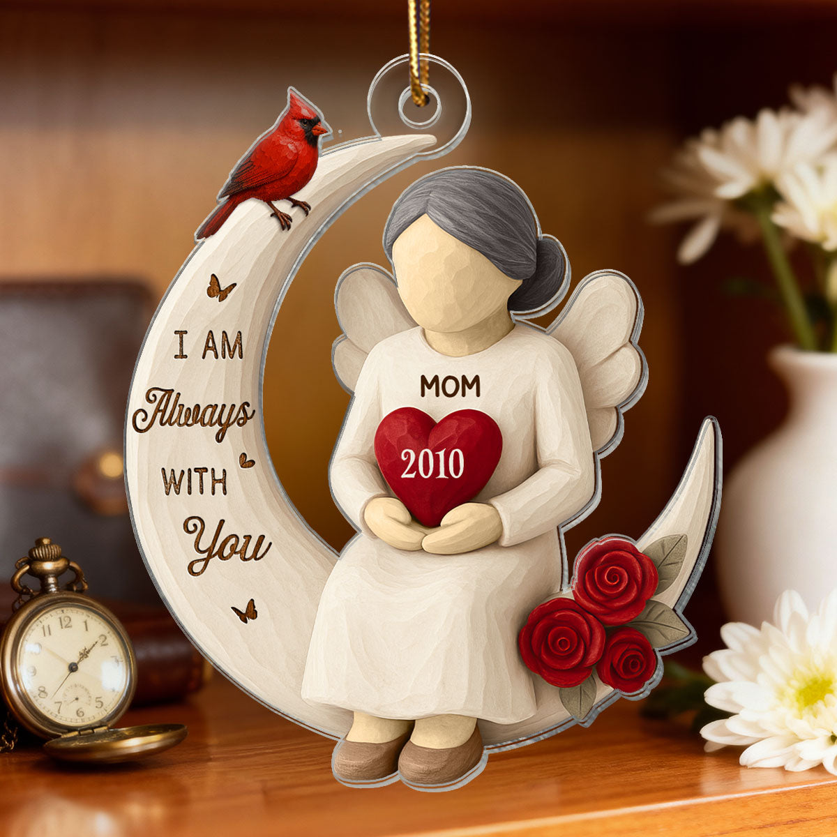 3D Effect Roses Wooden Texture Memorial On Moon - Personalized Acrylic Ornament - Christmas Remembrance Gift, Sympathy Gift