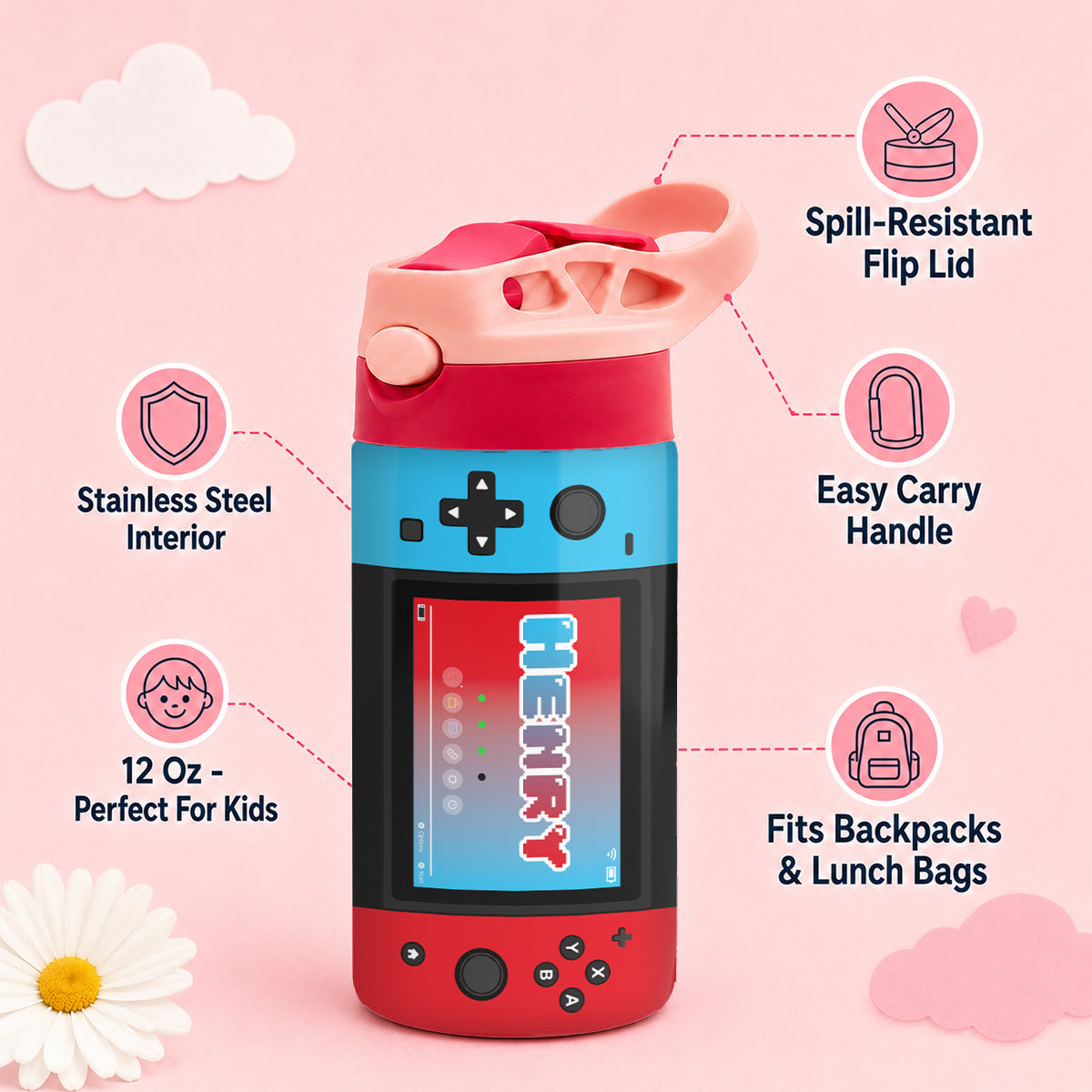 Gaming Controller Theme Kid Custom Name - Personalized Kid Insulated Water Bottle - Stainless Steel Toddler Cups with Straws, BPA Free, Leak-Proof