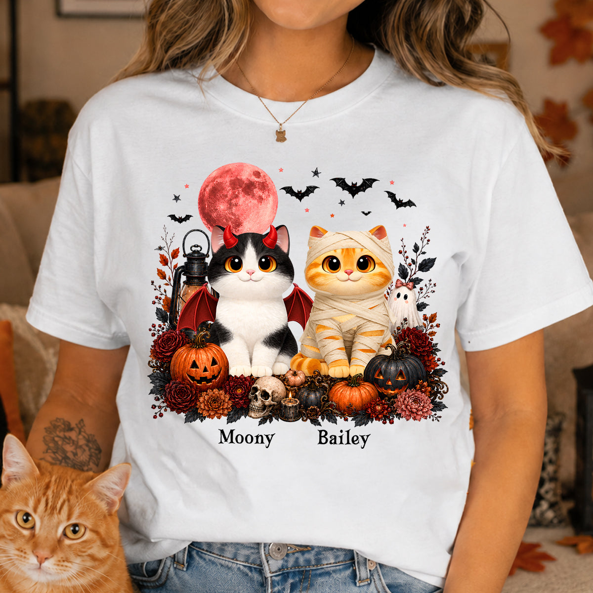 Halloween Floral Pumpkin Cats - Personalized Shirt - Trendy Fall Halloween Tee for Cat Lovers