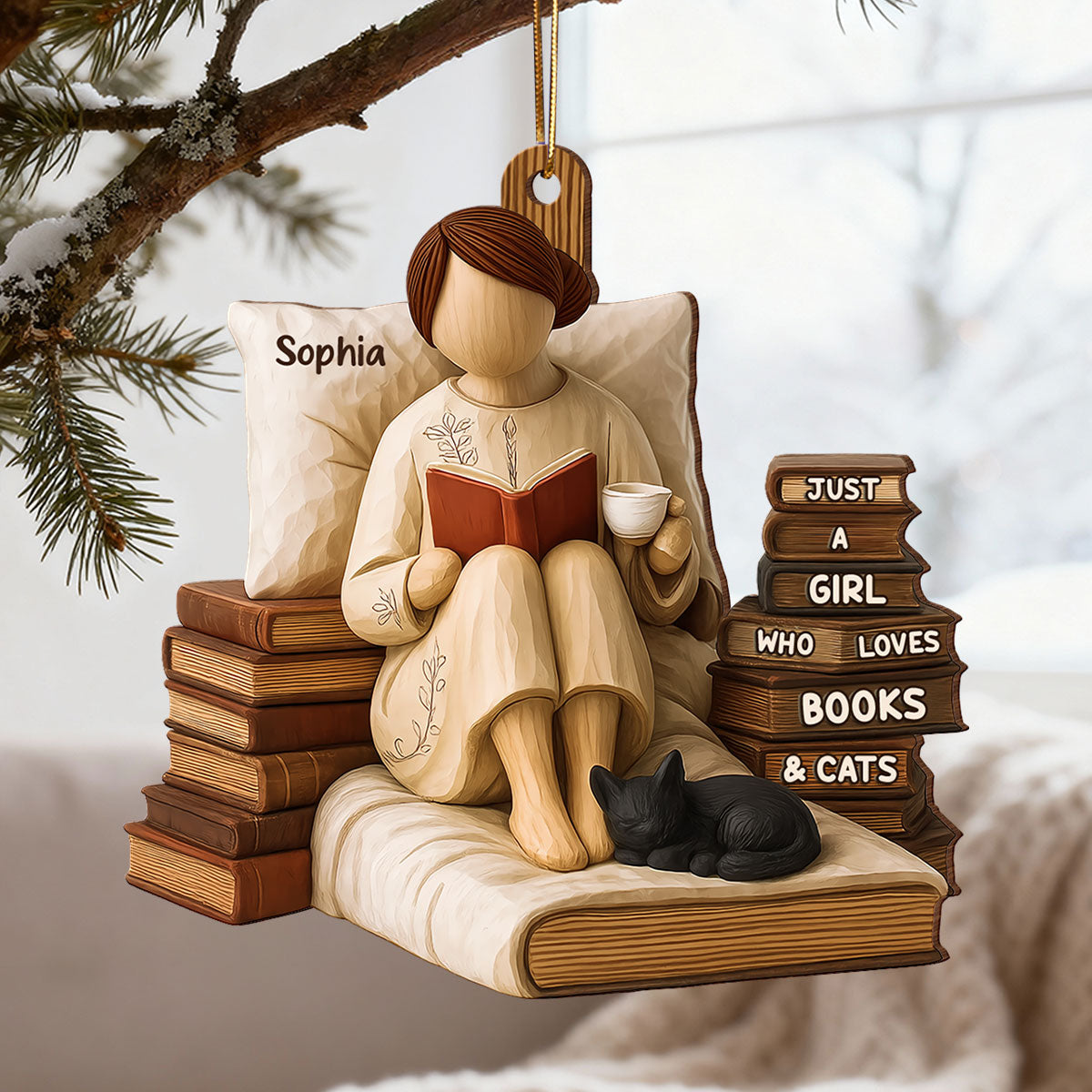 Just A Girl Who Loves Books & Cats 3D Effect - Personalized Wooden Ornament - Christmas Gift For Book Lover, Bookworm