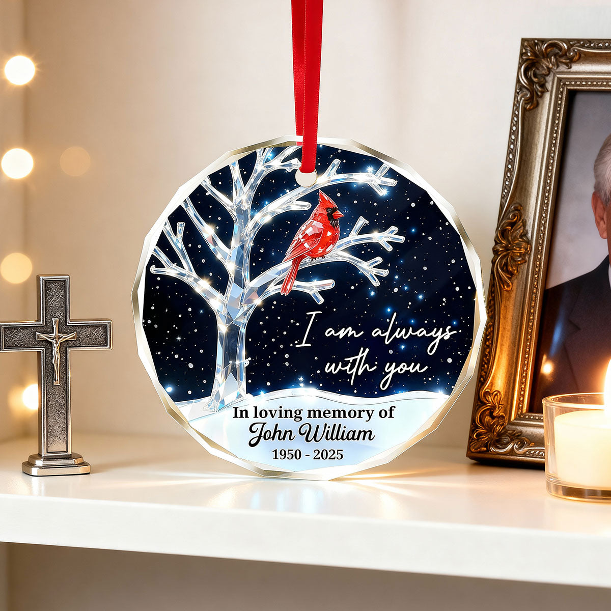 3D Crystal Effect Memorial Winter Tree Cardinals - Personalized Glass Ornament - Remembrance Gift, Sympathy Gift