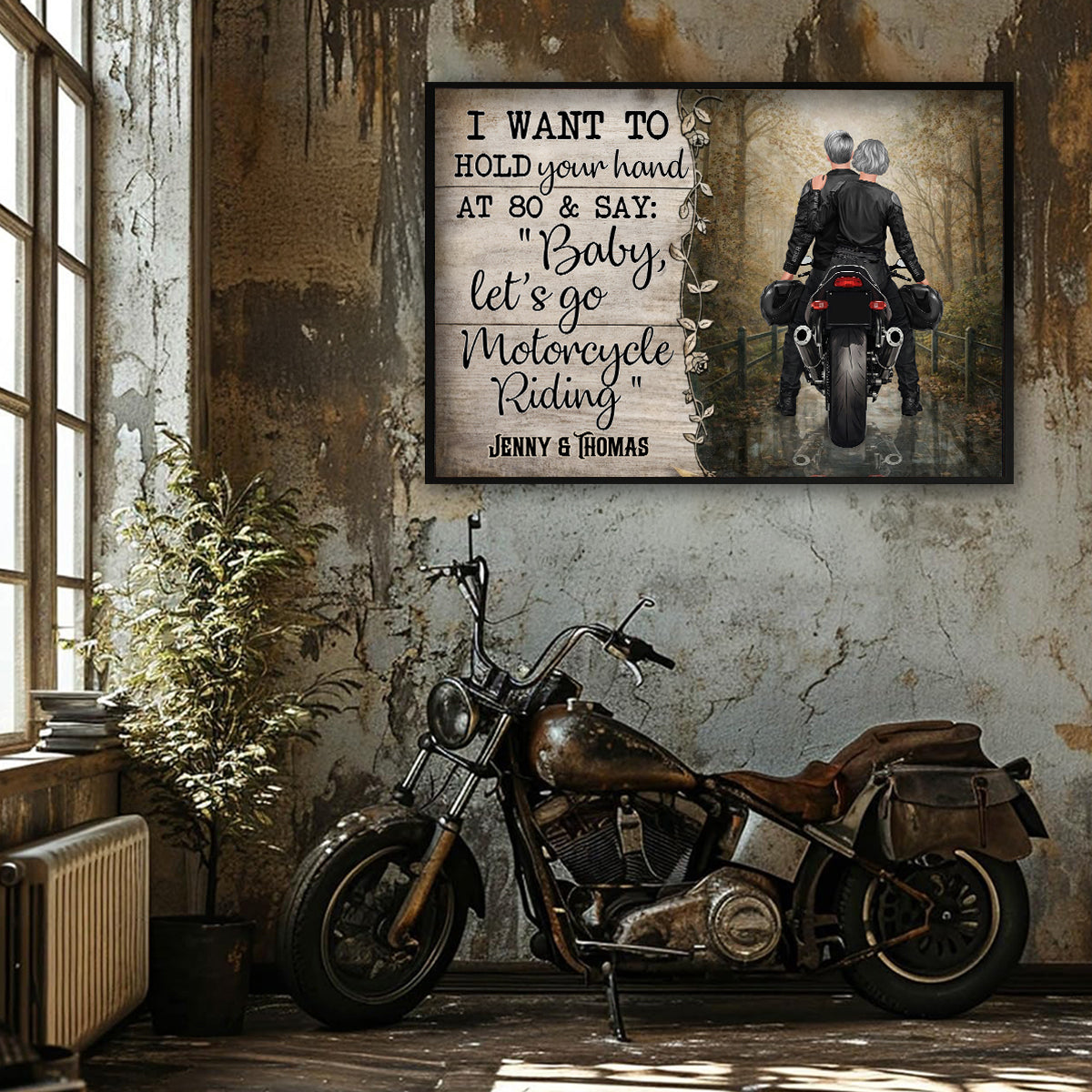 Hold Your Hand at 80s and Go Motorcyle Riding Biker Couples - Personalized Poster - Anniversary Gift for him, for her