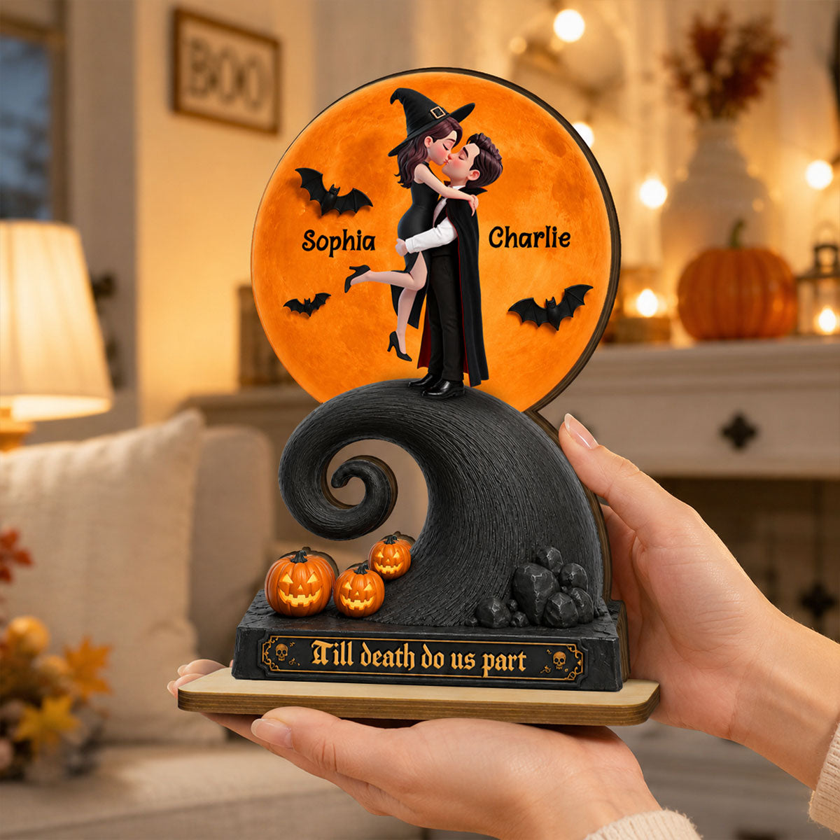 Our Love Beneath The Halloween Moon - Personalized 2-Layered Wooden Plaque - Halloween Gift For Couple