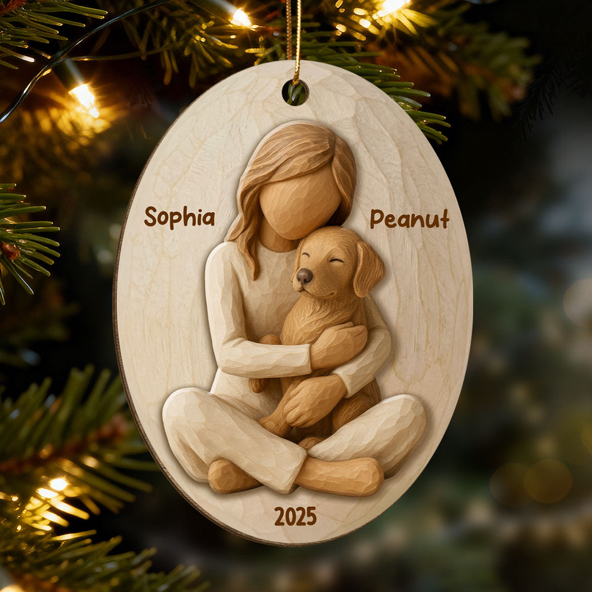 3D Effect Girl & Her Dog - Personalized Wooden Ornament - Gift For Dog Lover