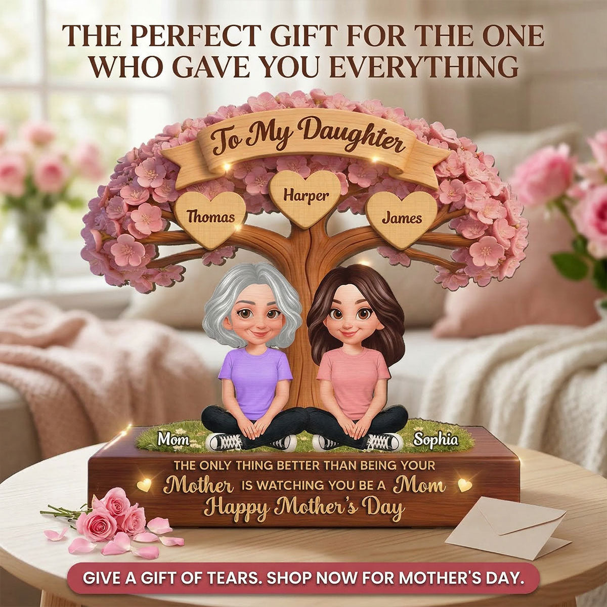 Blossom Tree To My Daughter From Mom Happy Mother's Day Custom Kids Names - Personalized 2-Layered Wooden Plaque - Mother's Day Gift For Daughter