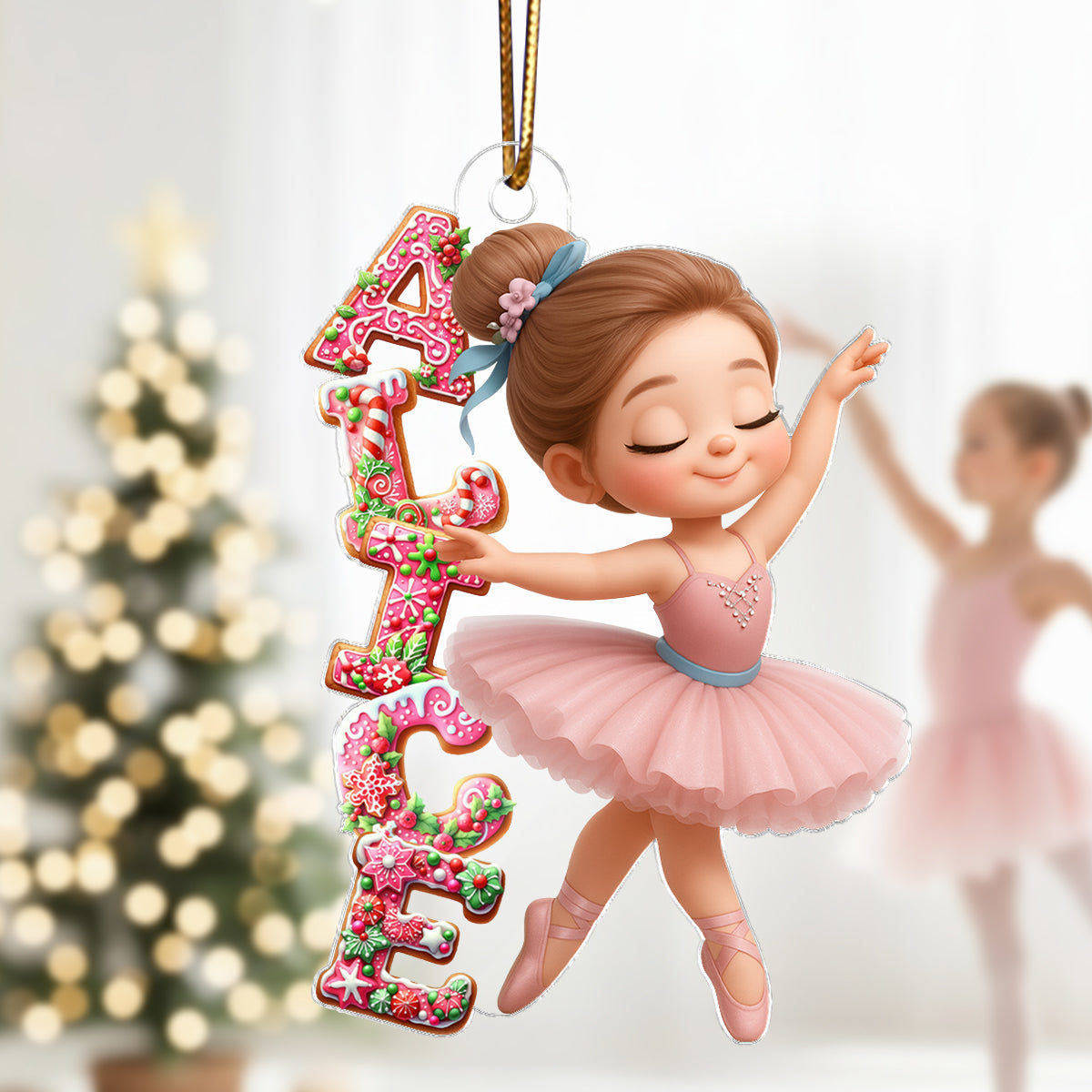 Little Girl Balletina Dance Custom Name Pink Gingerbread Pattern - Personalized Acrylic Ornament - Heartwarming Christmas Gift For Kid