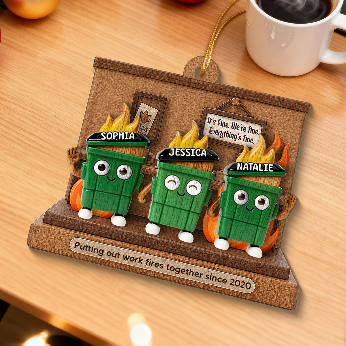 3D Effect Dumpster Fires In Office Scene - Personalized Wooden Ornament - Funny Gift For Colleagues, Work Besties