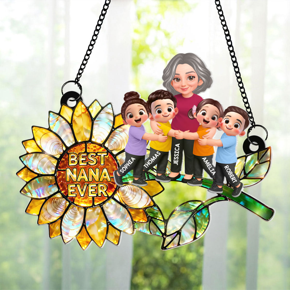 Sunflower Grandma Hugging Grandkids - Personalized Window Hanging Suncatcher - Mother's Day Gift for Mom, Wife