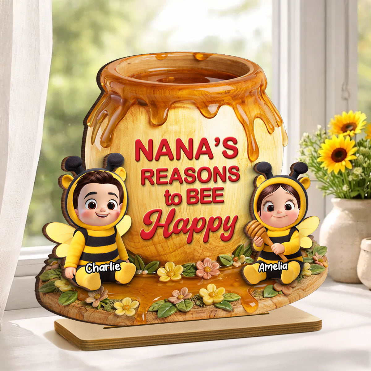 Reasons to Bee Happy - Personalized 2-Layered Wooden Plaque - Heartfelt Mother's Day Gift for Mom, Grandma