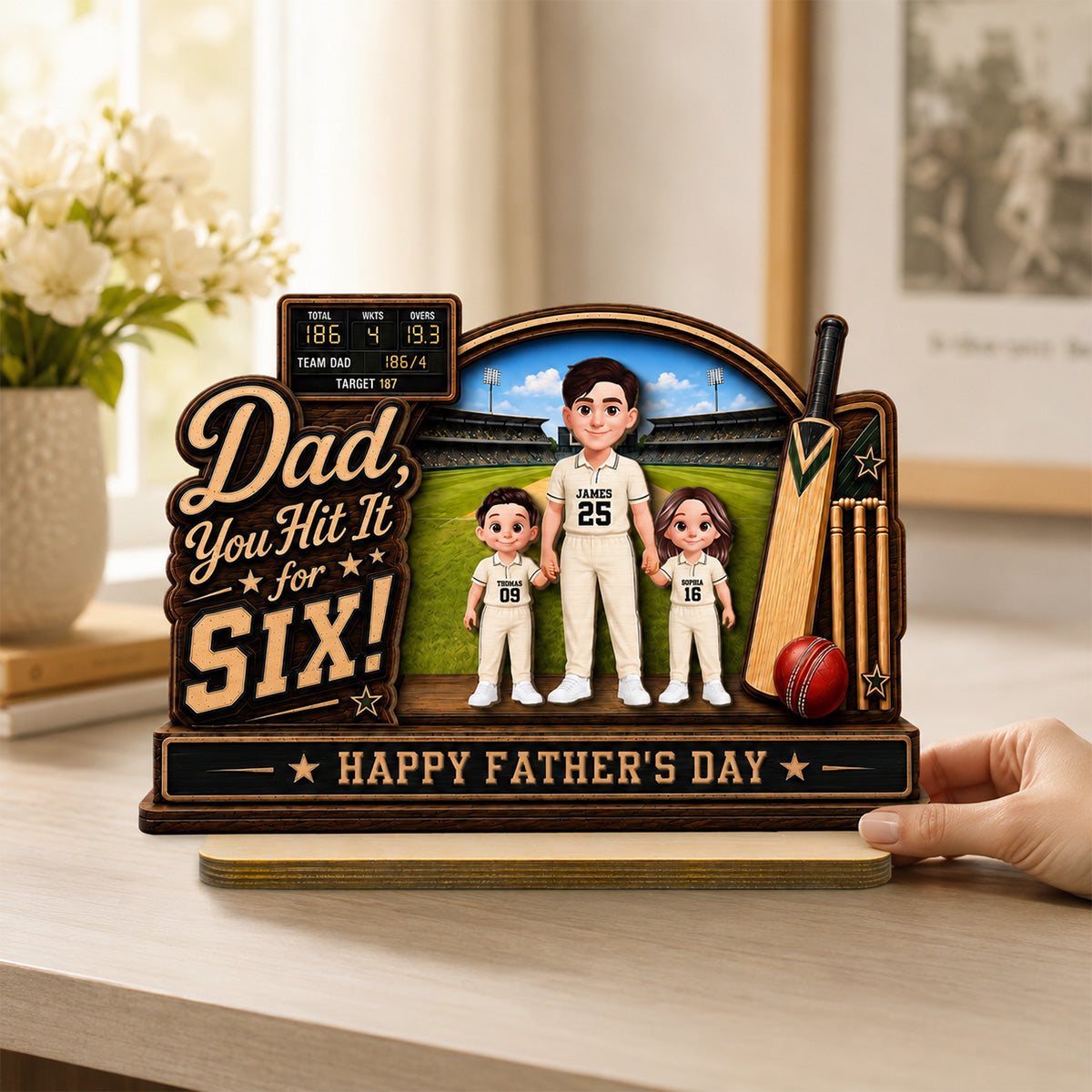 Hit A Six With The Best Dad Cricket Dad & Kids On Court - Personalised 2-Layered Wooden Plaque -  Gift For Husband, Dad