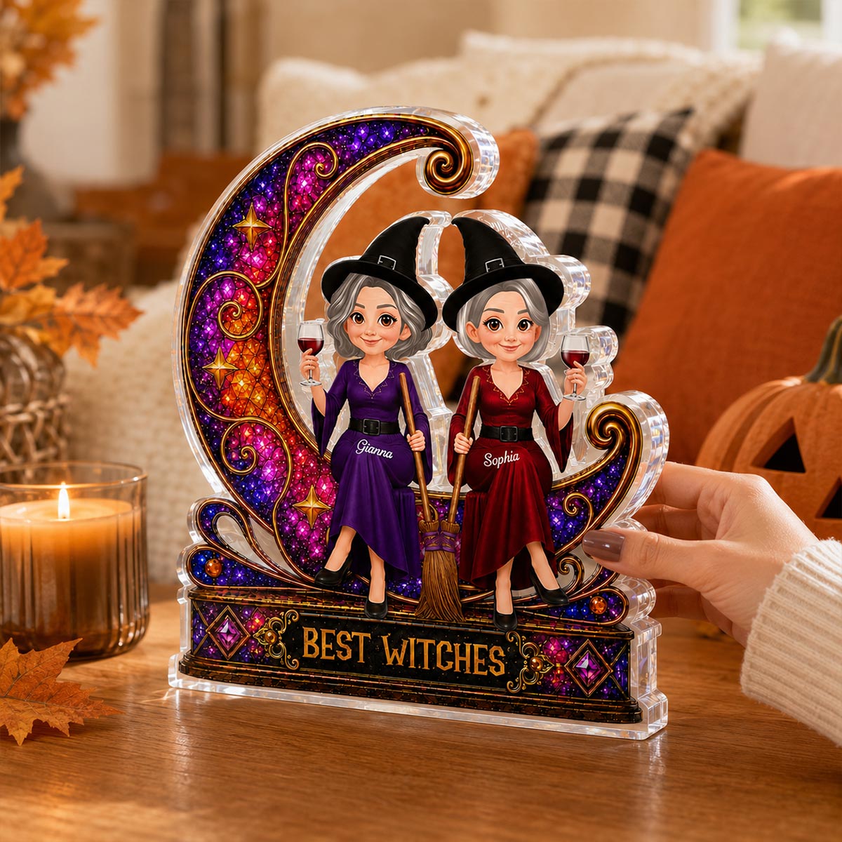 Pretty Witches Sitting On Moon Sparkle 2D Flat - Personalized Acrylic Block - Halloween Decoration