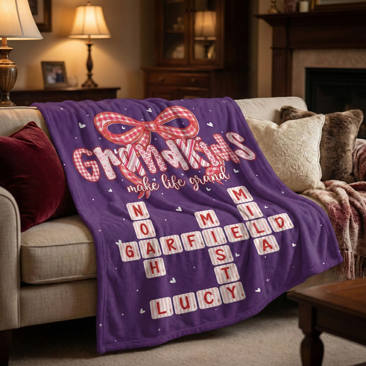 Grandkids Make Life Grand Preppy Valentine Pattern Crossword Puzzle Art - Personalized Fleece Blanket - Valentine's Day Gift For Grandma