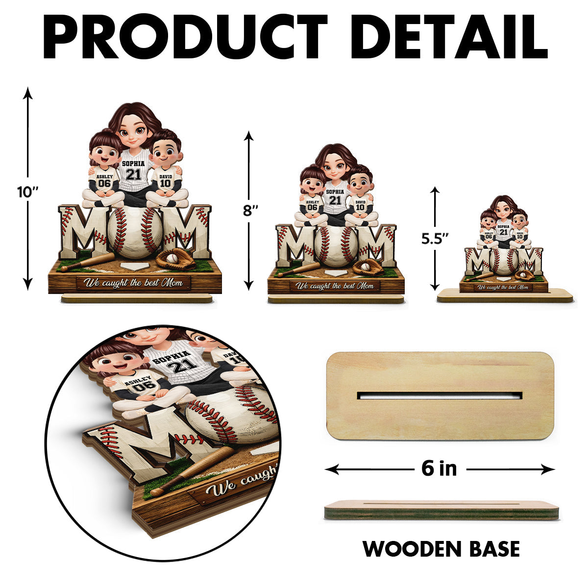 Baseball Mom and Kids We Caught the Best Mom - Personalized 2-Layered Wooden Plaque - Heartfelt Gift for Mom