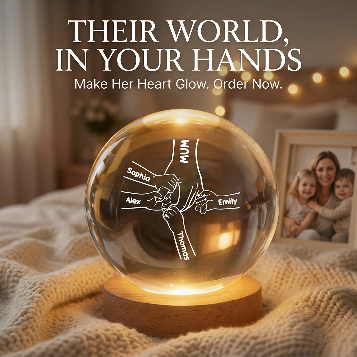 MUM And Kids Holding Hands - Personalised Crystal Ball - Mother's Day Gift For MUM, Grandma