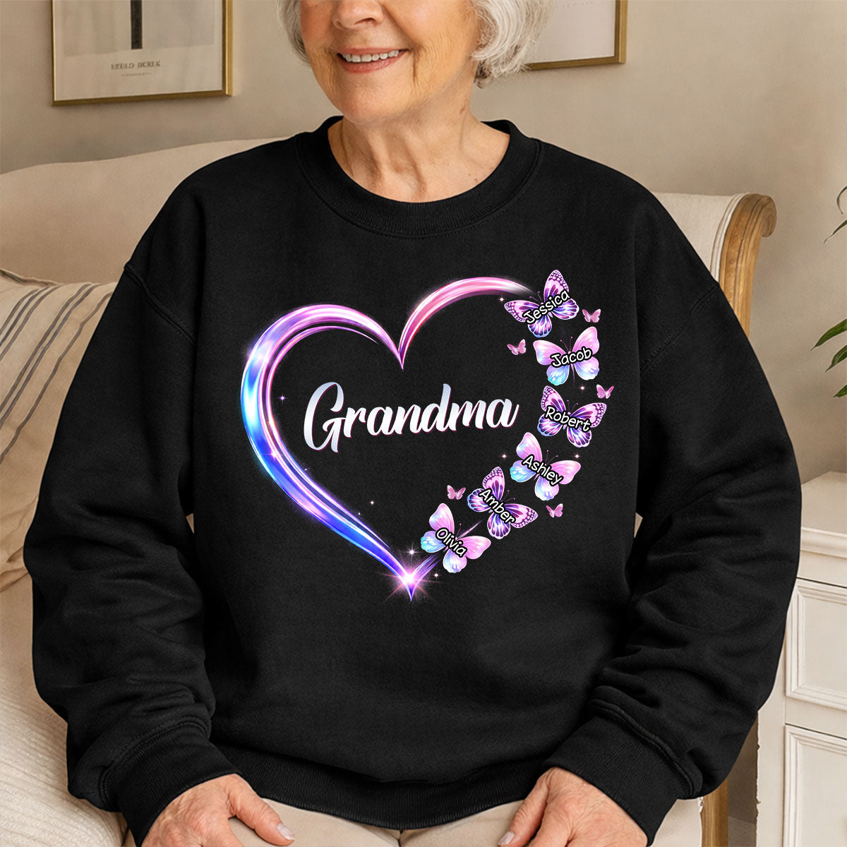 Grandma Mom Butterfly Heart with Kids' Names - Personalized Shirt - Sentimental Gift for Grandma, Mom