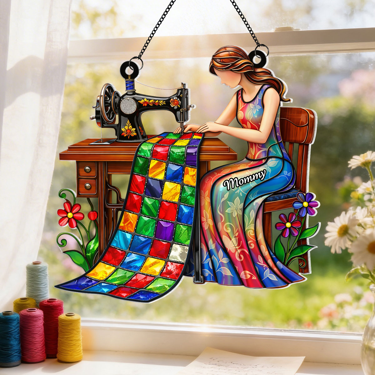 Mom Grandma Sewing Colorful Quilt - Personalized Suncatcher - Gift For Mom, Grandma