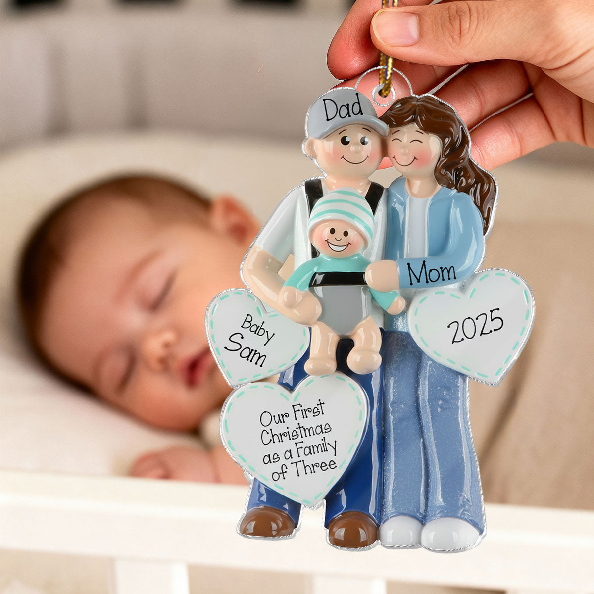 3D Effect First Christmas As Family Of Three Mom Dad & Baby On Carrier - Personalized Acrylic Ornament