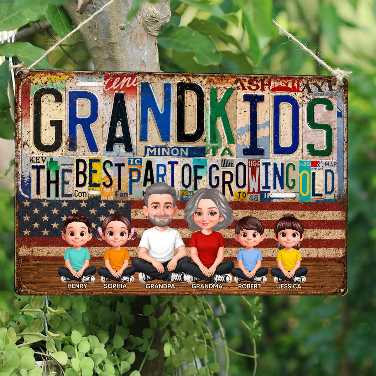 Grandkids Best Part Of Growing Old License Plate Style - Personalized Metal Sign - Gift For Grandparents, Patriotic Rustic Vintage