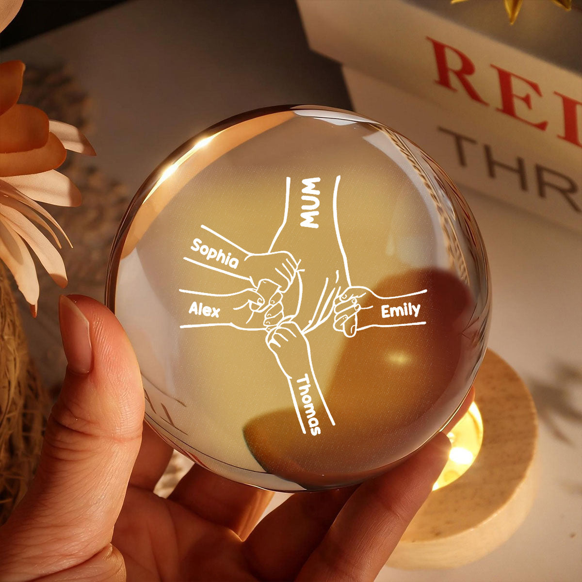 MUM And Kids Holding Hands - Personalised Crystal Ball - Mother's Day Gift For MUM, Grandma