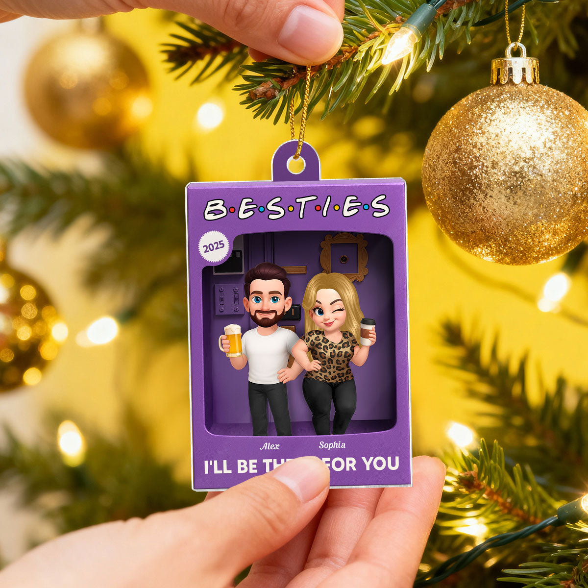 Man Woman Best Friends Purple 3D Effect Toy Box Style - Personalized Acrylic Ornament - Christmas Gift For Friends