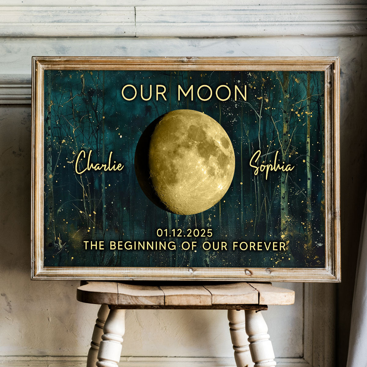 Night In The Forest Couple Custom Moon Phase Anniversary Date - Personalized Poster - Heartfelt Anniversary Gift, Valentine Gift, Wedding Gift For Couple