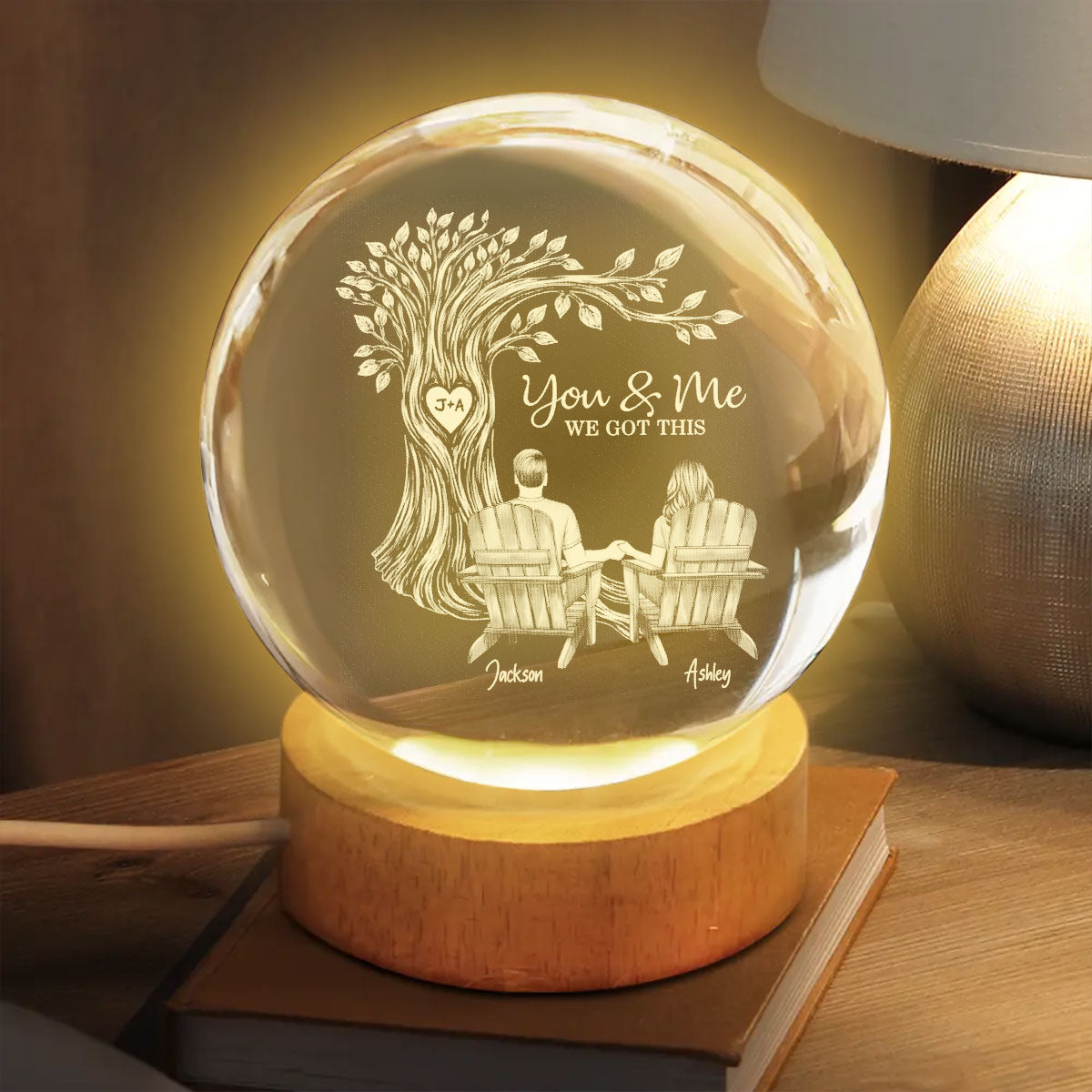 Eternal Love Couple Under Heart Carved Tree - Personalized Crystal Ball LED Night Light - Valentine's Day Gift For Couple