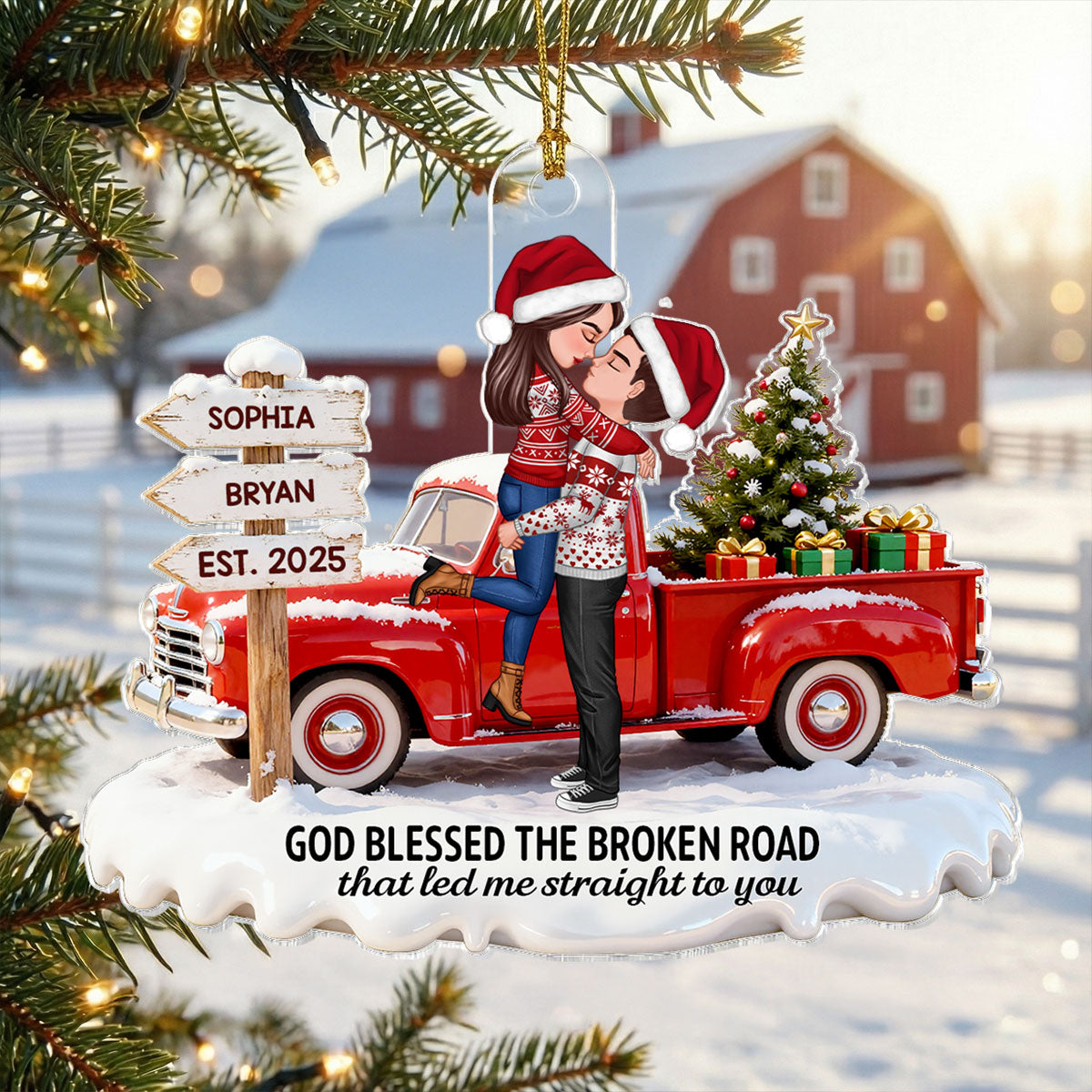 3D Effect Christmas Nostalgia Christmas Truck Couple God Bless The Broken Road - Personalized Acrylic Ornament - Romantic Gift For Couple, Farmhouse Decor