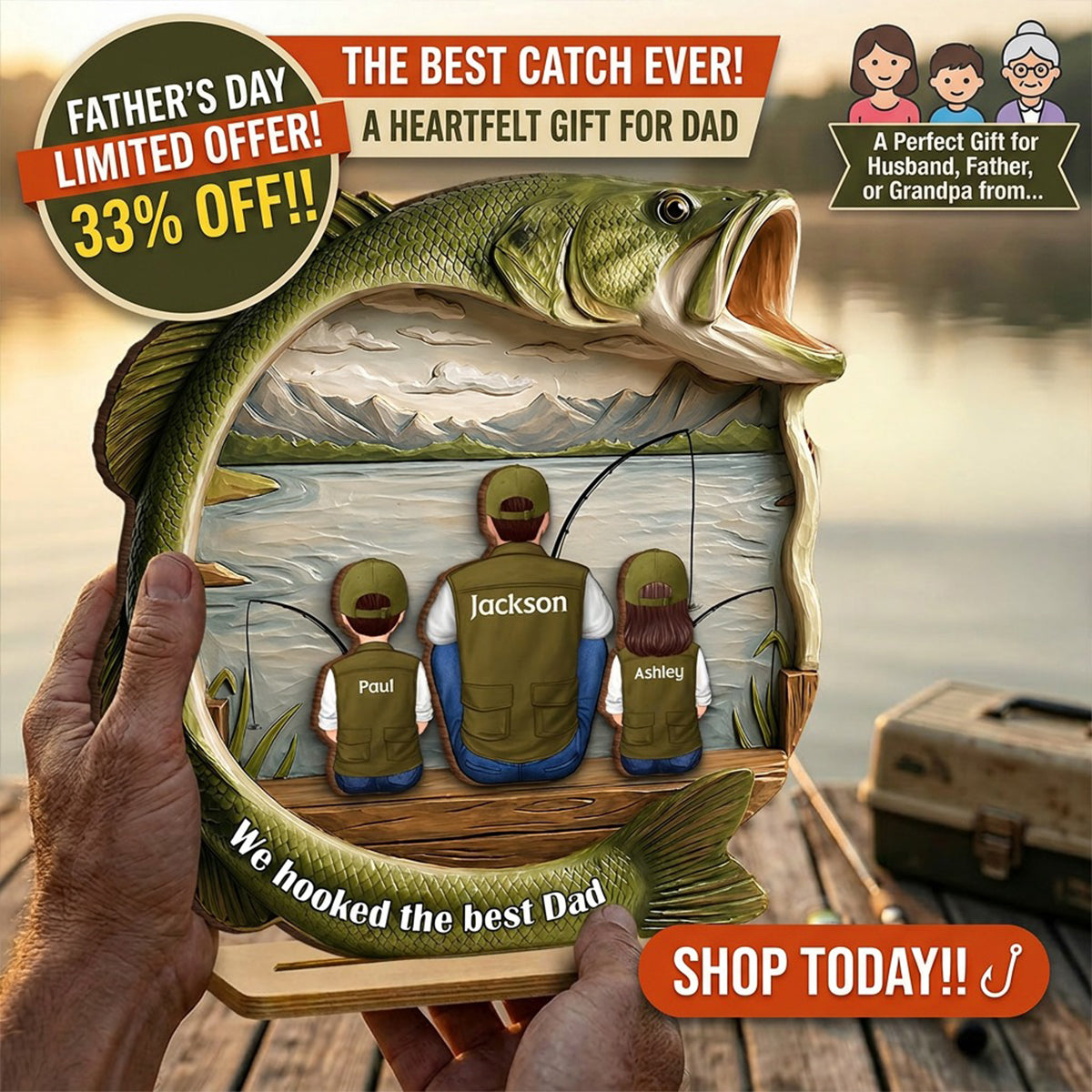 Best Catch Ever Dad Fishing - Personalized 2-Layered Wooden Plaque - Heartfelt Gift For Fishing Dad, Gift For Husband