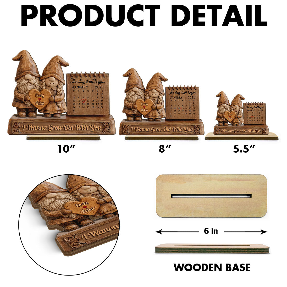 3D Effect Couple Animals Gnome Anniversary Date Calendar - Personalized 2-Layered Wooden Plaque
