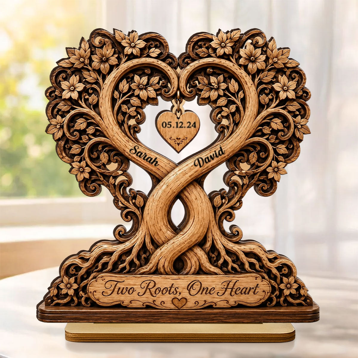 Two Roots One Heart Couple - Personalized 2-Layered Wooden Plaque - Heartfelt Anniversary Gift for Her, for Him