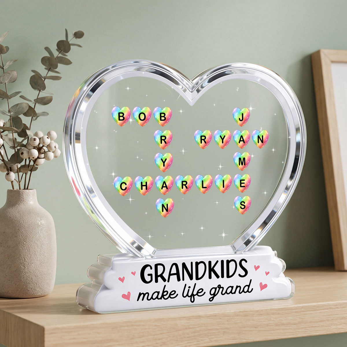 Grandkids Make Life Grand Crossword Puzzle Art Colorful Hearts 2D Flat - Personalized Acrylic Block Plaque - Gift For Grandma