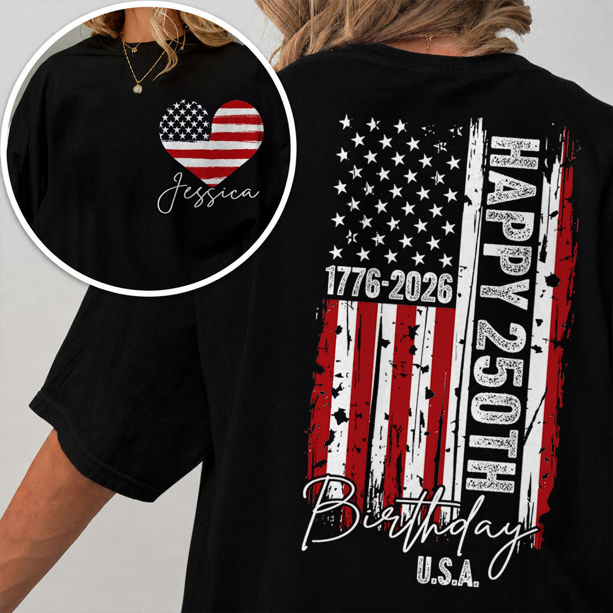 America 250th Anniversary USA Birthday 1776 - 2026 - Personalized Double-Sided Shirt - Family Matching Shirt, Patriotic Crew Shirt