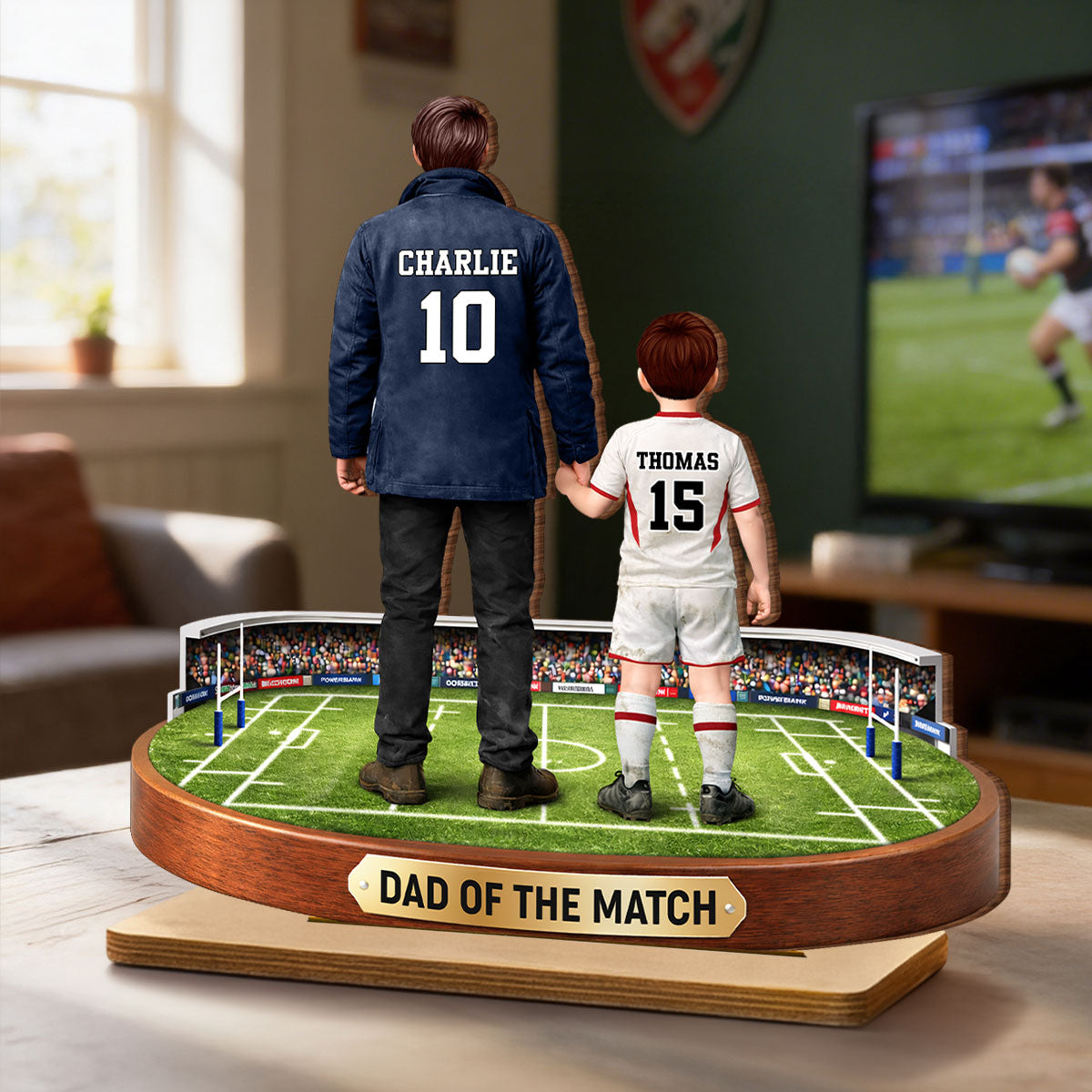Dad Of The Match Rugby - Personalised 2-Layered Wooden Plaque - Gift For Rugby Dad