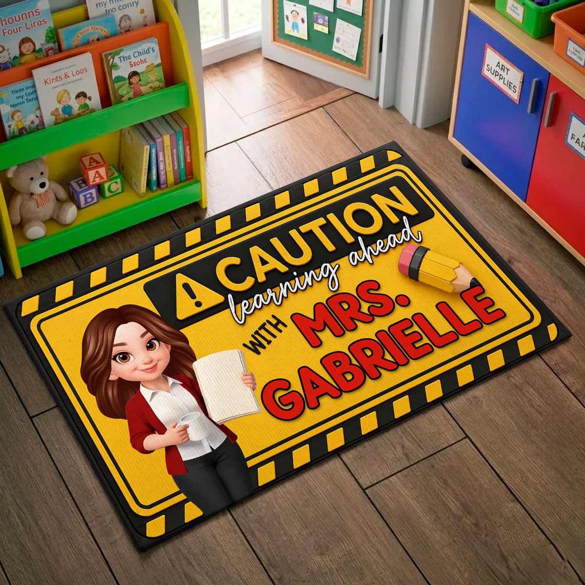 Caution Learning Ahead With Teacher - Personalized Doormat - Back To School Gift For Teachers, Classroom Decors