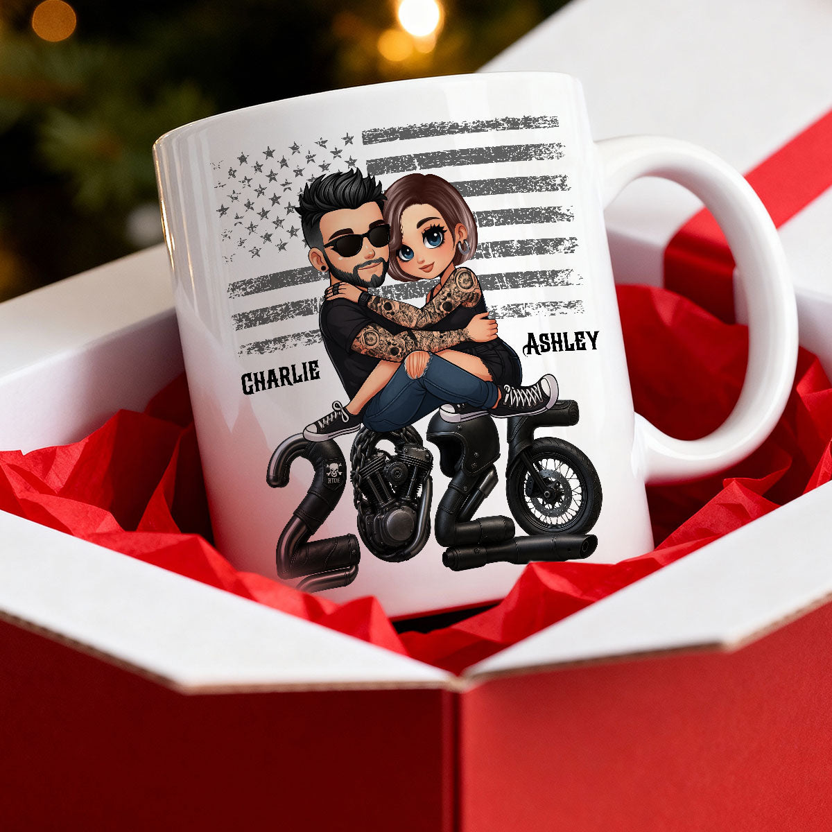 3D Effect Biker Couple Christmas - Personalized Mug - Gift For Bikers, Gift For Him, For Her