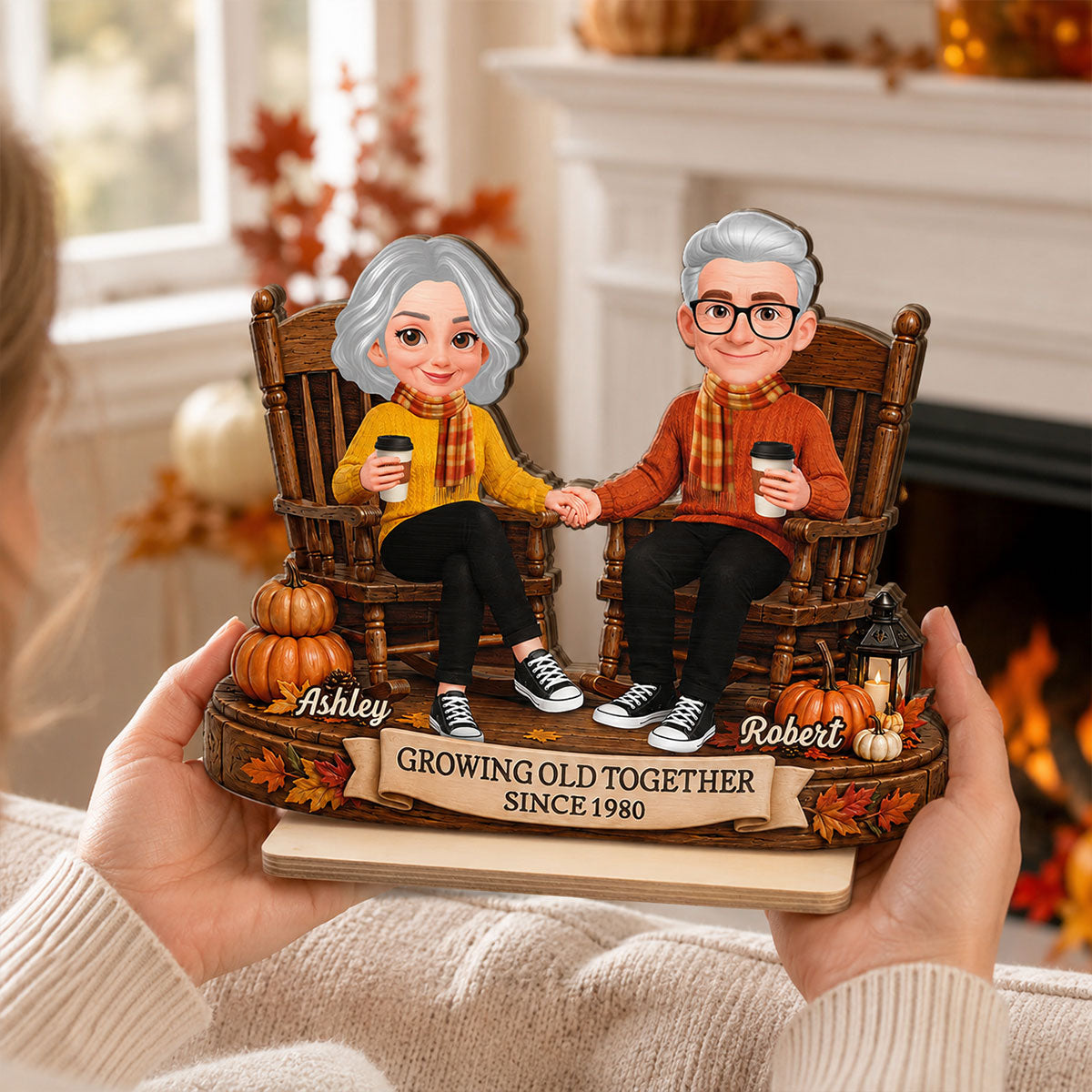 Fall Season Couple Growing Old Together - Personalized 2-Layered Wooden Plaque - Fall Decor For Couple