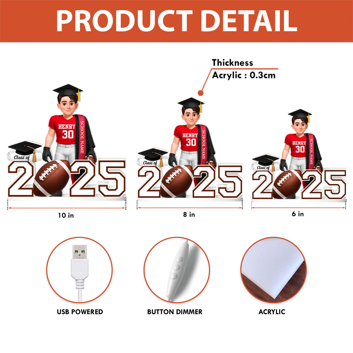 Football Boy 3D Effect Senior - Personalized Light Box - Christmas Gift Graduation Gift