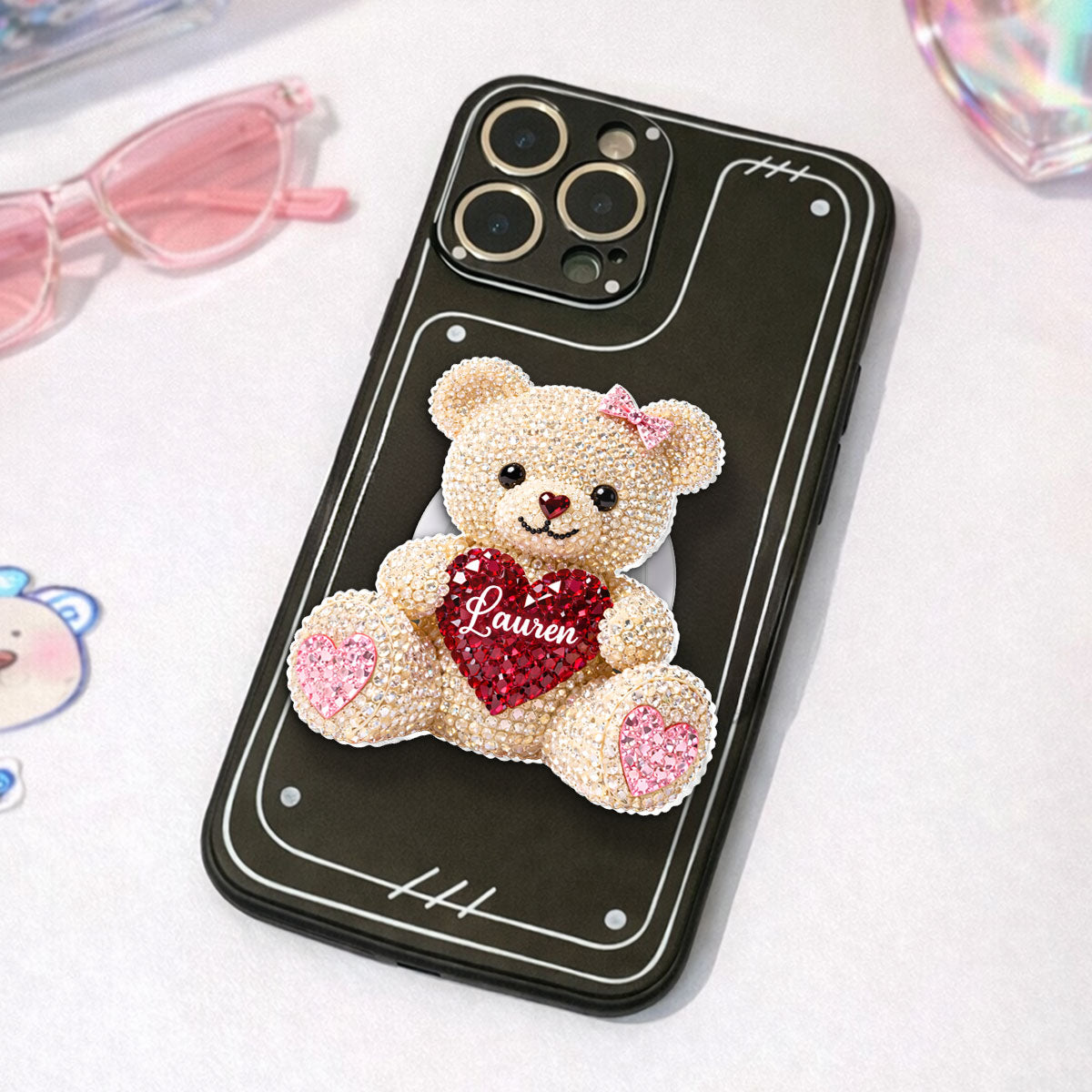 3D Effect Teddy Bear Valentine - Personalized Acrylic Magnetic Phone Grip - Anniversary, Valentine's Day Gift, Gift For Her