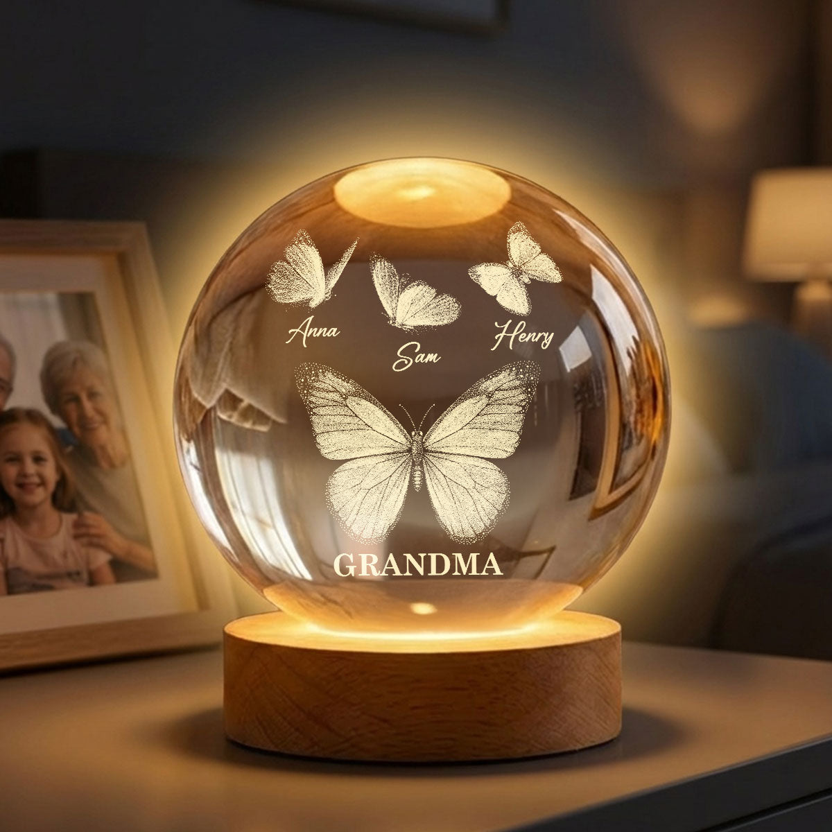 Beautiful Grandma Mom Butterflies Custom Kids Names - Personalized Crystal Ball LED Night Light - Gift For Grandma, Mom