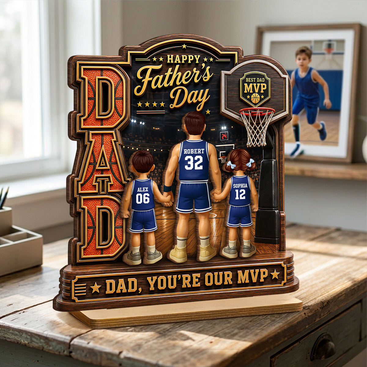 The MVP Dad Basketball - Personalized 2-Layered Wooden Plaque -  Gift For Dad, Husband