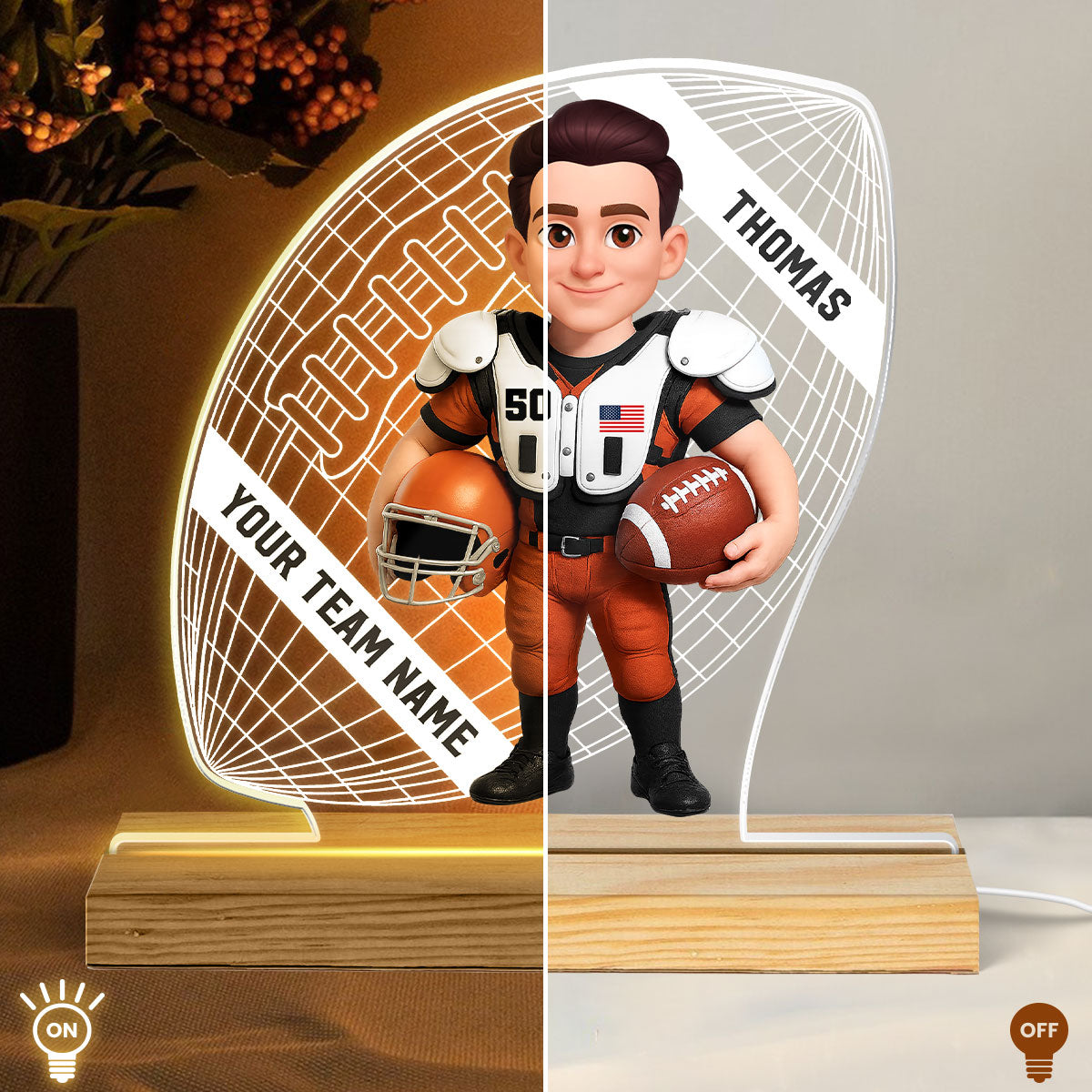 American Football 3D Illusion With Name - Personalize LED Night Light - Gift For Grandson, Son, American Football Lover