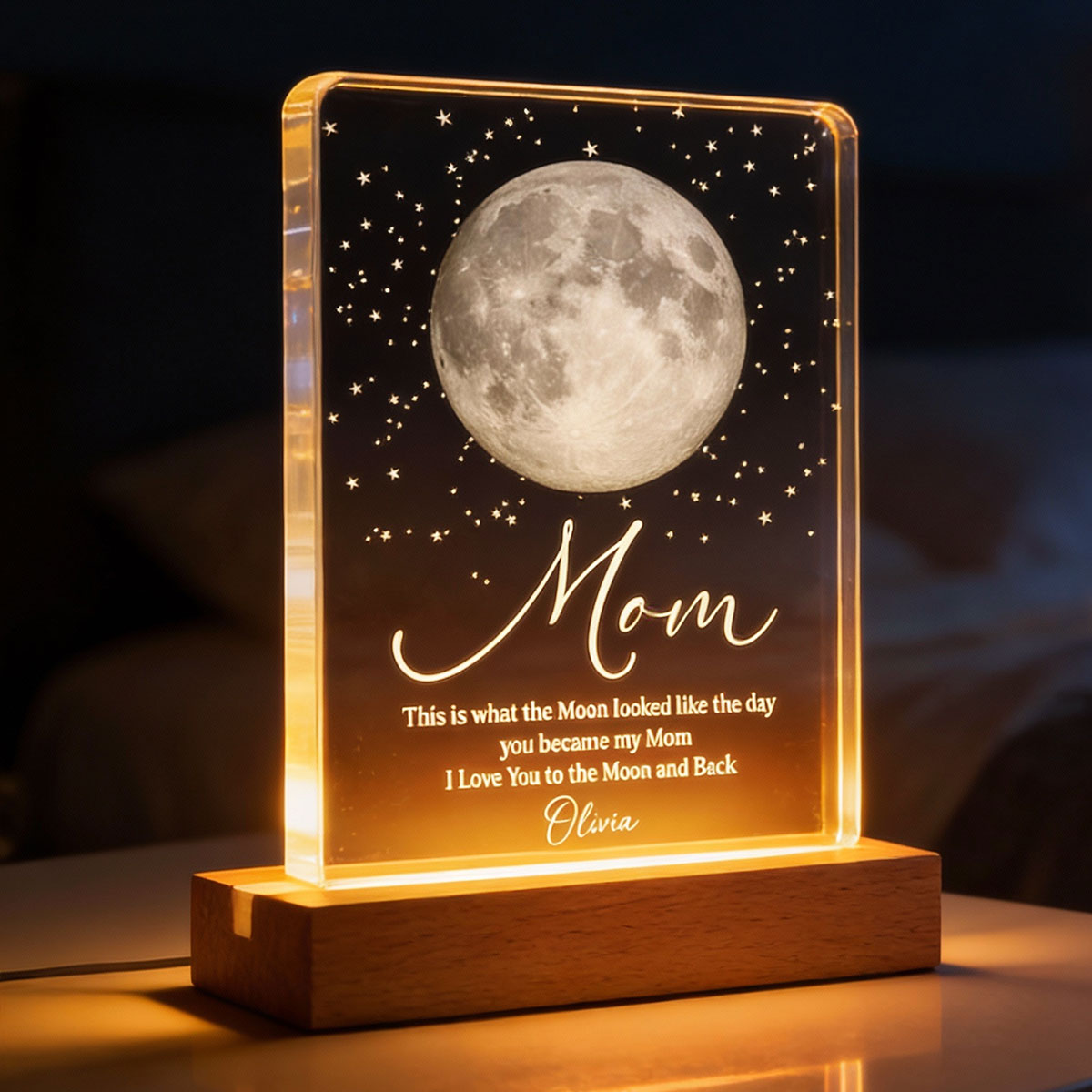 Mom I Love You to the Moon and Back, Custom Moon Phase by Date - Personalized Acrylic Block LED Night Light - Heartfelt Gift for Mom
