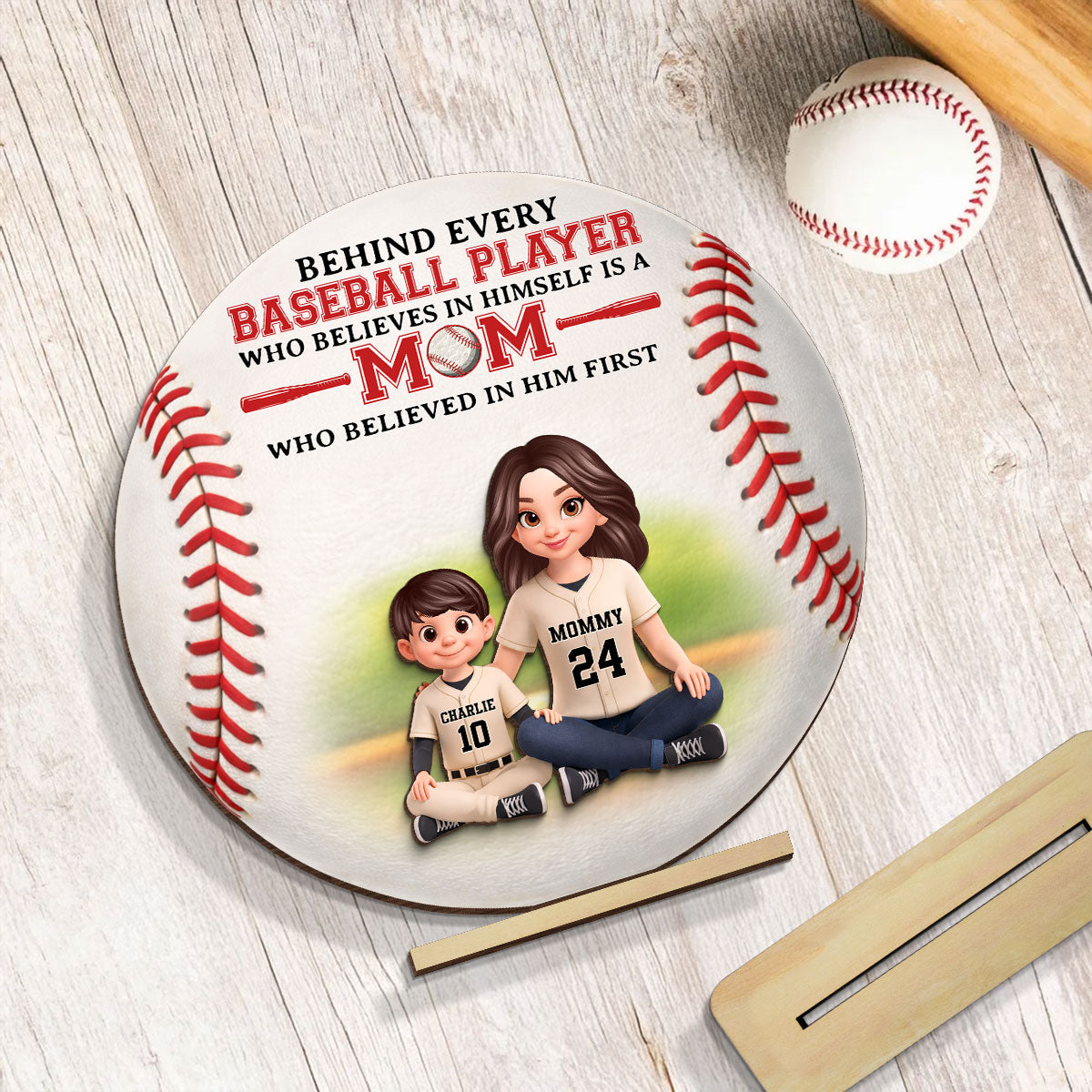 Behind Every Baseball Player Is Mom - Personalized 2-Layered Wooden Plaque - Heartfelt Gift For Mom, Grandma