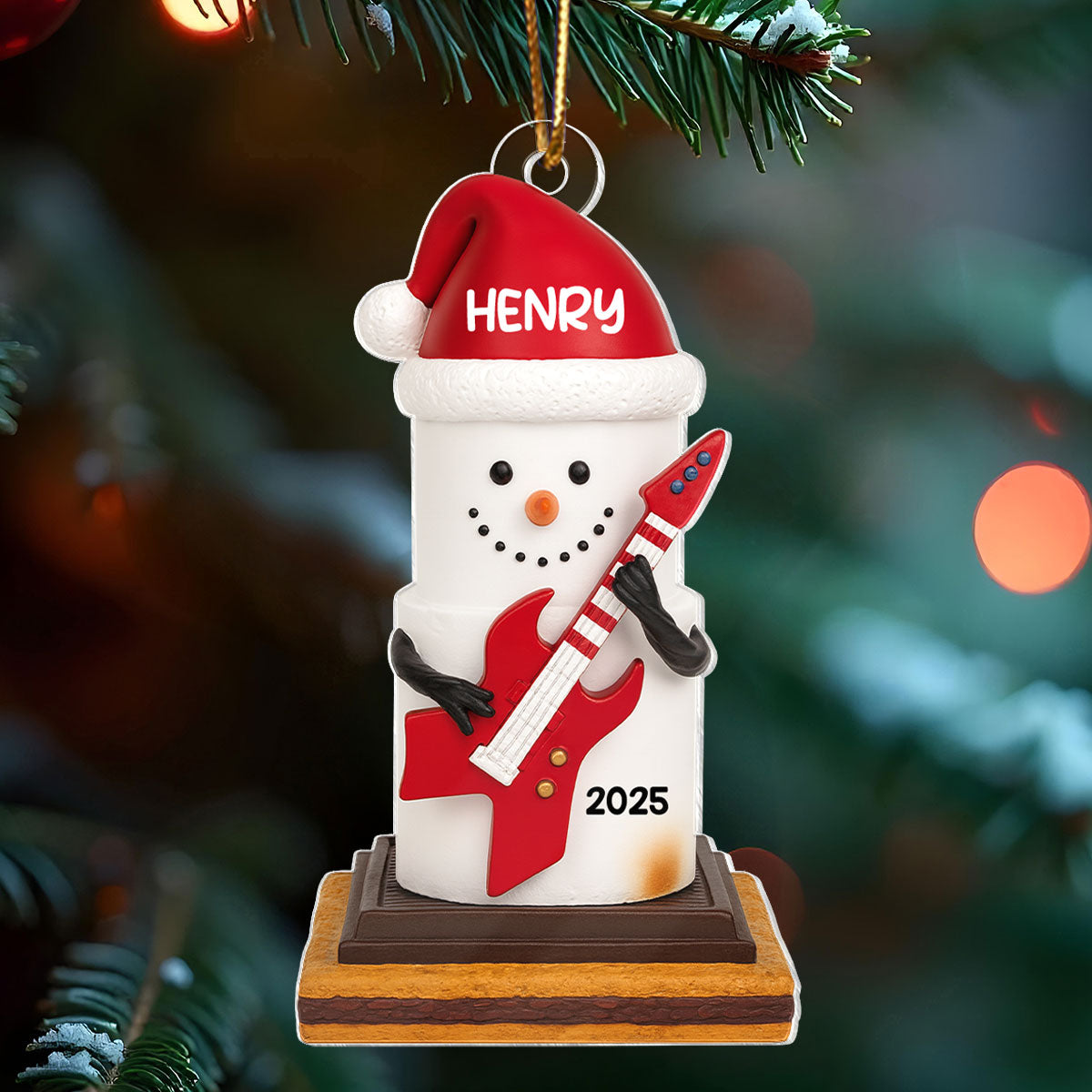 Snow Man Playing Guitar On Chocolate and Cracker - Personalized Acrylic Ornament-  Gift for Guitar Lovers