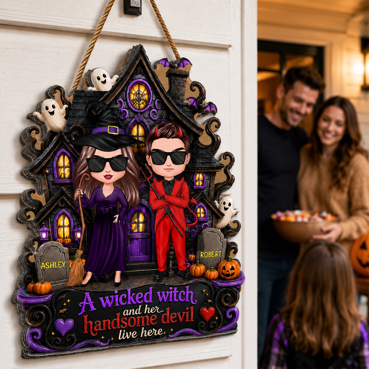 Halloween A Wicked Witch and Her Handsome Devil Live Here - Personalized Door Sign - Summerween Decor for Couples