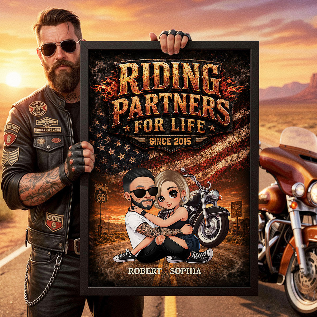 Bikers Couple Riding Partners for Life Nation Flag - Personalized Poster - Gift for Him, for Her